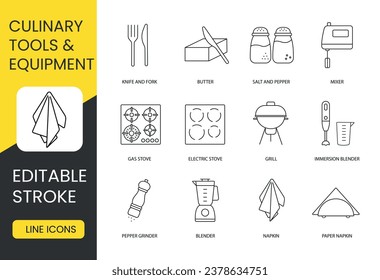 Enhance your culinary experience with this set, including a mixer, salt and pepper, butter, knife and fork, blender, immersion blender, grill, electric and gas stoves. Editable stroke