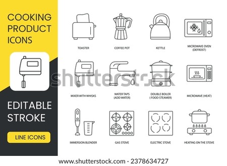 Enhance your culinary skills with this set, microwave oven, defrost, kettle, coffee pot, toaster, heating options, double boiler steamer, water taps. Cooking product icons, editable stroke
