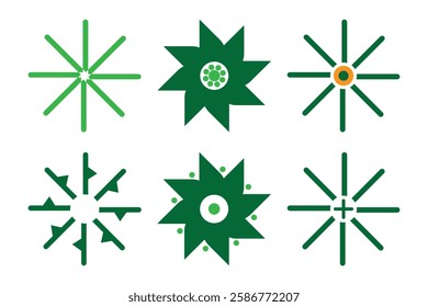 Enhance your design projects with this set of vibrant green geometric starburst icons. These modern vector graphics are perfect for adding a touch of energy and creativity to web, print, and marketing