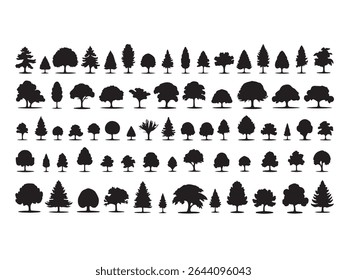Enhance your design projects with this versatile collection of silhouette trees. This vector set features a variety of tree styles, perfect for illustrating natural landscapes, outdoor scenes