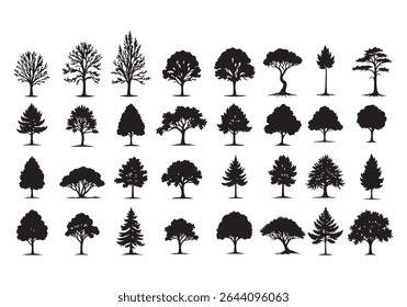 Enhance your design projects with this versatile collection of black and white silhouette tree illustrations.