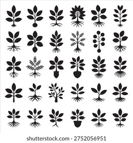 Enhance your design projects with this elegant vector set featuring minimalist botanical sprout and root silhouettes. Perfect for sustainable branding, eco-friendly web icons, and nature-inspired graphics, these clean, scalable illustrations offer a sophisticated touch to any organic-themed creative work.