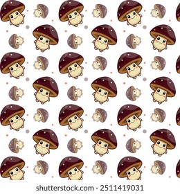 Enhance your designs with our seamless pattern featuring a children's theme of cartoon fairy mushrooms on a white background