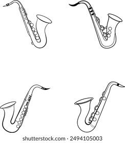 Mejore sus diseños con la "Ilustración vectorial de arte de la línea del saxofón", que presenta una representación refinada y elegante de un saxofón en líneas limpias y minimalistas. Este Arte vectorial captura el 