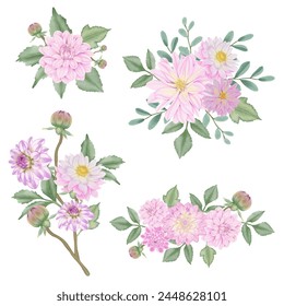 Enhance your designs with these beautiful watercolor dahlias. Download floral illustrations for creative projects.