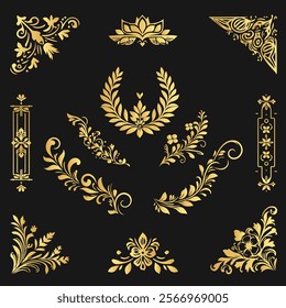 Enhance your designs with this elegant golden floral ornament and divider set, perfect for luxurious and sophisticated design projects. Intricate patterns add a touch of refinement and style.