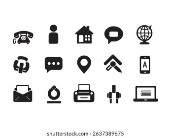 Enhance your designs with this elegant set of minimalist black and white contact and communication glyph icons.