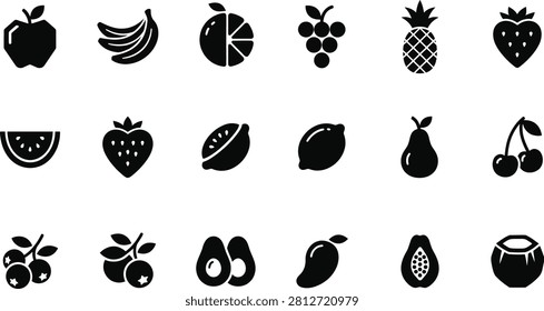 Enhance your digital grocery store, healthy lifestyle app, or culinary design projects with this comprehensive set of professional fruit icons. Designed in a clean, minimalist black silhouette format, this high-quality vector collection features a wide variety of essential, recognizable fruits. The set includes everyday favorites such as apples, bananas, oranges, grapes, pineapples, strawberries, watermelons, lemons, cherries, blueberries, avocados, mangoes, papayas, and coconuts. Perfectly crafted for e-commerce food categories, recipe blogs, health tracking apps, and restaurant menu interfaces, these intuitive geometric graphics offer seamless visual direction to improve user navigation and experience.

#FruitIcons #HealthyFood #ECommerceDesign #GroceryShopping #UIUXIcons #VectorGraphics #OrganicFood #DietApp #NutritionIcons #WebDesignElements