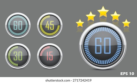 Mejore su diseño de interfaz digital con este conjunto profesional de temporizadores de progreso circulares y Elementos de panel de calificación. Esta colección de Vector de alta calidad cuenta con cuatro cargadoras de cuenta regresiva distintas diseñadas con un elegante anillo exterior de estilo cromado y un acabado de vidrio de alto brillo. Los temporizadores se calibran para intervalos esenciales: 15 minutos en rojo coral, 30 minutos en verde lima, 45 minutos en amarillo vibrante y un ciclo completo de 60 minutos en verde azulado brillante. Cada cargador utiliza una barra radial basada en segmentos para proporcionar un Comentarios visual claro sobre el tiempo restante o la finalización de la tarea.

El lado derecho de la Plantilla muestra un tablero principal de 60 minutos en azul real, resaltado por un sistema de clasificación premium de 5 estrellas que flota sobre la esfera. Estas estrellas doradas presentan reflejos realistas, lo que las hace ideales para representar reseñas de usuarios, hitos de logros o puntuaciones de calidad. 

La estética minimalista contra un fondo gris oscuro neutral hace que estos Elementos de interfaz de usuario sean excepcionalmente versátiles para interfaces de aplicaciones móviles, software de seguimiento de actividad física, HUD de juegos (pantallas Heads-Up) y herramientas de productividad corporativa. Proporcionado como un archivo de Vector EPS 10 totalmente editable, cada elemento, incluidos los reflejos de luz, los recuentos de segmentos, los colores de degradado y los pesos de trazo, es totalmente personalizable y escalable. Esto le permite adaptar sin esfuerzo los indicadores para que coincidan con el lenguaje de diseño digital específico de su marca o el tema del Sitio web, al tiempo que garantiza una resolución nítida en todos los tamaños de pantalla.