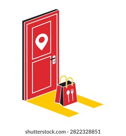 Enhance your digital platform with this professional contactless doorstep food delivery service vector illustration. Designed in a modern isometric style, the graphic showcases a red takeout shopping bag with cutlery icons left securely at a residential front door featuring a location pin emblem. It serves as an excellent visual branding asset for mobile delivery applications, e-commerce grocery platforms, restaurant logistics services, and meal kit subscription companies highlighting safe, convenient, and reliable home service.#FoodDeliveryLogo #DoorstepDelivery #ContactlessService #VectorIllustration #TakeoutBag #DeliveryApp #HomeDelivery #RestaurantLogistics #GraphicDesign #OrderOnline