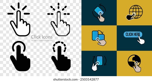 Enhance your digital projects with these versatile click and tap icons, perfect for web design, mobile apps, and interactive interfaces. pixel, vector mouse hand. vector illustration concept.