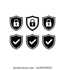 Enhance your digital security with this versatile icon set featuring essential security and protection symbols. The monochrome vector collection includes shields, padlocks, and check marks