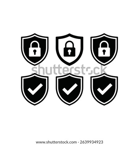 Enhance your digital security with this versatile icon set featuring essential security and protection symbols. The monochrome vector collection includes shields, padlocks, and check marks