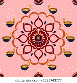 Enhance your Diwali designs with this festive Diya seamless vector pattern. Perfect for backgrounds, invitations, and festive decor, it adds a touch of tradition and elegance to any project.