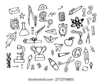 Enhance your educational and creative projects with this comprehensive hand-drawn back-to-school doodle vector icon set. This high-quality collection features a vast array of minimalist school-themed symbols, meticulously crafted with a clean and professional line art aesthetic. These illustrations are perfect for adding a playful and engaging element to teaching materials, student workbooks, classroom decorations, and educational website banners.

This versatile vector set includes essential icons covering various academic subjects and activities. You will find detailed doodles of science equipment like microscopes, DNA strands, and flasks; mathematics tools such as compasses, calculators, and protractors; and art supplies including brushes and palettes. It also features classic school symbols like backpacks, globes, alarm clocks, apples, and diplomas, alongside imaginative elements like paper boats, rockets, and airplanes. This wide variety makes it an ideal resource for graphic designers, teachers, and content creators looking for authentic, hand-drawn visuals.

As a professional-grade editable EPS file, these illustrations offer infinite scalability without any loss of detail or quality. The black and white sketch style ensures that these icons will integrate seamlessly into both digital layouts and printed materials, from small website icons to large-scale posters. Isolated on a clean white background, each element is ready for immediate use in your favorite design software. Whether you are creating a 