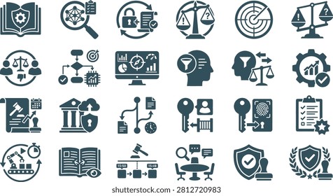 Enhance your enterprise security systems and risk management platforms with this extensive collection of modern legal compliance and tech regulation icons. Designed in a professional dark slate silhouette style, this high-quality vector set illustrates vital operations for monitoring regulatory standards, cybersecurity policy, and corporate governance. The collection includes intuitive symbols for data privacy shields, algorithmic bias assessment (scales of justice), auditing workflows, biometric access keys, corporate compliance checklists, regulatory court stamp certifications, and secure cloud storage. Perfectly optimized for software UI dashboards, enterprise compliance training, legal technology applications, and financial analytics interfaces, these clean geometric graphics present complex workflows with exceptional visual clarity.

#RegulatoryCompliance #DataPrivacy #LegalTech #DashboardDesign #RiskManagement #UIUXIcons #VectorGraphics #CybersecurityLaw #CorporateGovernance #BusinessIntelligence