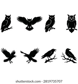 Enhance your festive creative projects with this premium collection of black owl and raven silhouettes featuring flying and perched birds perfect for spooky halloween designs and dark gothic nature illustrations