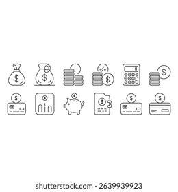 Enhance your financial communications with this comprehensive vector icon set. Featuring crisp, outline illustrations, the design conveys essential concepts like savings, investment, credit card use