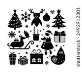 Enhance your holiday projects with this festive set of Christmas Day clip art silhouette icons. Perfect for decorations, greeting cards, and more, these vector illustrations.