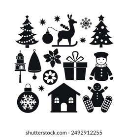 Enhance your holiday projects with this festive set of Christmas Day clip art silhouette icons. Perfect for decorations, greeting cards, and more, these vector illustrations.