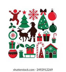 Enhance your holiday projects with this festive set of Christmas Day clip art silhouette icons. Perfect for decorations, greeting cards, and more, these vector illustrations.