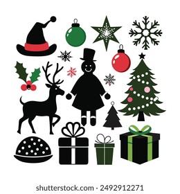Enhance your holiday projects with this festive set of Christmas Day clip art silhouette icons. Perfect for decorations, greeting cards, and more, these vector illustrations.