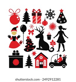 Enhance your holiday projects with this festive set of Christmas Day clip art silhouette icons. Perfect for decorations, greeting cards, and more, these vector illustrations.