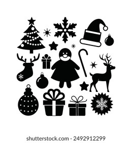 Enhance your holiday projects with this festive set of Christmas Day clip art silhouette icons. Perfect for decorations, greeting cards, and more, these vector illustrations.