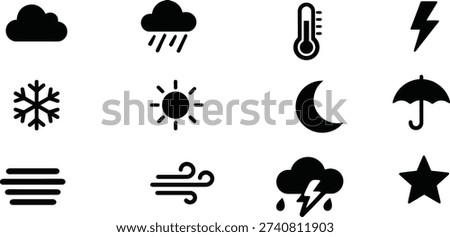 Enhance your interface with this professional set of 12 weather forecast icons. Featuring minimalist black silhouettes, this collection covers essential meteorological conditions including sun, clouds, rain, snow, lightning, and wind. The set also includes a thermometer, moon, star, and umbrella icon. Perfect for weather apps, news graphics, and digital dashboards, these clean vector symbols offer high readability and a modern aesthetic for any project.