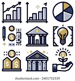 Enhance your investment-related designs with a set of minimalist flat vector icons that represent investment portfolio concepts. These icons are designed with a focus on simplicity and clarity, ensuri