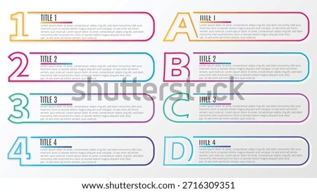 Enhance your professional presentations and corporate reports with this highly versatile 8-step infographic vector template. This modern design features a unique and balanced two-column layout: the left column is numbered sequentially from 1 to 4, while the right column is lettered from A to D. This dual-indexing system makes it an exceptional choice for comparing two different processes, listing parallel project features, or detailing multi-stage strategic plans that require both numerical and alphabetical categorization. 

Each of the eight horizontal capsules is designed with a sleek, rounded-edge aesthetic and is highlighted by vibrant gradient outlines. The color palette transitions through a professional spectrum of warm yellow and orange, bold magenta and pink, fresh teal and green, and deep royal blue and purple. The template utilizes large, bold outlined characters for the numbers and letters that serve as immediate visual anchors, followed by clear 