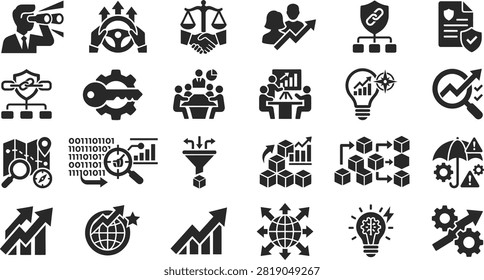 Enhance your professional presentations, web designs, and marketing materials with this comprehensive set of modern business, strategy, and analytics icons. Featuring detailed black-and-white vector graphics, this collection represents key concepts such as corporate growth, data analysis, strategic planning, global expansion, risk management, partnership, and innovative thinking. Perfectly suited for digital marketers, business consultants, SEO specialists, and project managers looking to visually communicate complex ideas with clarity and impact.

#BusinessIcons #VectorIcons #CorporateStrategy #DataAnalytics #BusinessGrowth #MarketingStrategy #IconSet #DigitalMarketing #BusinessConsulting #GraphicDesign #UIUXDesign #StrategicPlanning #GlobalBusiness #RiskManagement #Innovation #SEO