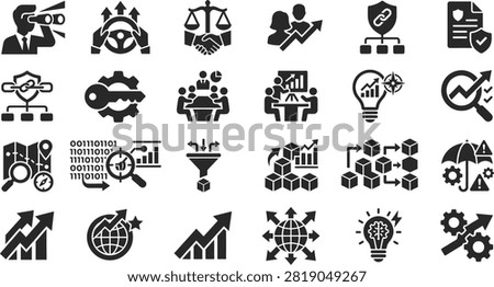Enhance your professional presentations, web designs, and marketing materials with this comprehensive set of modern business, strategy, and analytics icons. Featuring detailed black-and-white vector graphics, this collection represents key concepts such as corporate growth, data analysis, strategic planning, global expansion, risk management, partnership, and innovative thinking. Perfectly suited for digital marketers, business consultants, SEO specialists, and project managers looking to visually communicate complex ideas with clarity and impact.

#BusinessIcons #VectorIcons #CorporateStrategy #DataAnalytics #BusinessGrowth #MarketingStrategy #IconSet #DigitalMarketing #BusinessConsulting #GraphicDesign #UIUXDesign #StrategicPlanning #GlobalBusiness #RiskManagement #Innovation #SEO