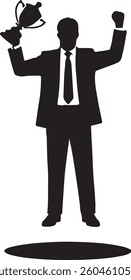 Enhance your project with this vector illustration featuring a black silhouette of a victorious businessman, arms raised in triumph, symbolizing success, leadership, and achievement. Ideal for busines