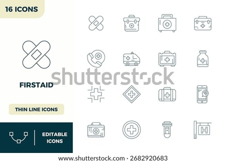 Enhance your projects with 16 Minimal Line vector icons themed around Firstaid, featuring 128x128 PIXEL perfect resolution ideal for clean and professional designs.