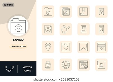 Verbessern Sie Ihre Projekte mit 16 Slim Line Vektorsymbolen rund um Saved, mit 128x128 PIXEL perfekte Auflösung ideal für saubere und professionelle Designs.