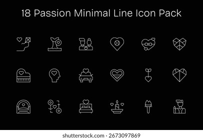 Mejore sus proyectos con 18 iconos de Minimal Line temáticos en torno a Passion, ideales para diseños limpios y profesionales.