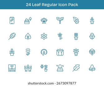 Aprimore seus projetos com 24 ícones de contorno regular com temas em torno de Leaf, ideal para projetos limpos e profissionais.