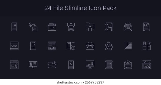 Enhance your projects with 24 Slim Line icons themed around File, ideal for clean and professional designs.