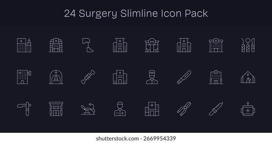 Mejore sus proyectos con 24 iconos de Slim Line temáticos en torno a la cirugía, ideal para diseños limpios y profesionales.
