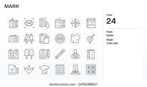 Aprimore seus projetos com 24 ícones de linha fina com temas em torno de Mark, ideal para projetos limpos e profissionais.