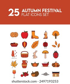 Enhance your projects with 25 outline filled icons inspired by the autumn season. Perfect for websites, apps, and print, these icons add a stylish and seasonal touch to your designs.