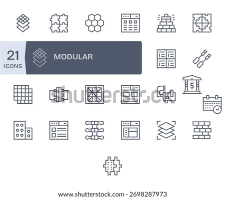 Enhance your projects with 25 Regular Line icons themed around Modular, ideal for clean and professional designs.