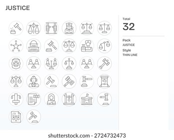 Enhance your projects with 32 Thin Line icons themed around Justice, ideal for clean and professional designs.