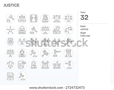 Enhance your projects with 32 Thin Line icons themed around Justice, ideal for clean and professional designs.