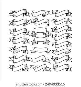 Enhance your projects with our "Monochrome Hand-Drawn Ribbon Vector Set." This elegant collection features beautifully sketched ribbons in black and white, perfect for adding a touch of vintage charm 