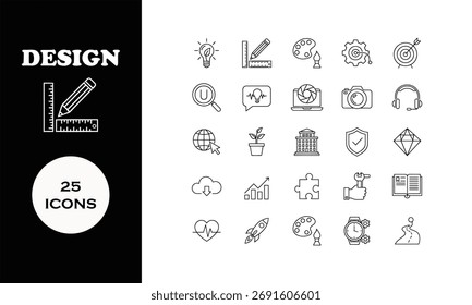 Aprimore seus projetos com este conjunto de ícones versátil. Apresentando 25 projetos minimalistas perfeitos para sites, apresentações ou materiais de marca. Limpo e impactante.
