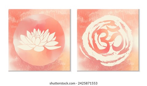 Enhance your space with this serene set of two posters - Lotus in beige and Om symbol in pastel tones, against a peach gradient abstract background, evoking tranquility and spiritual harmony.