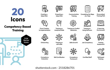 Mejore su material de formación con este paquete de iconos de formación basada en competencias. Perfecto para ilustrar las habilidades de la fuerza laboral, el desarrollo de los empleados, + evaluaciones de rendimiento, para RR. HH., negocios + educación.