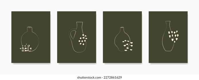 Enhance your walls with a minimalist boho vibe using this set of vase wall art on a dark green background. Perfect for prints, covers, wallpapers, and great natural wall decor collection.
